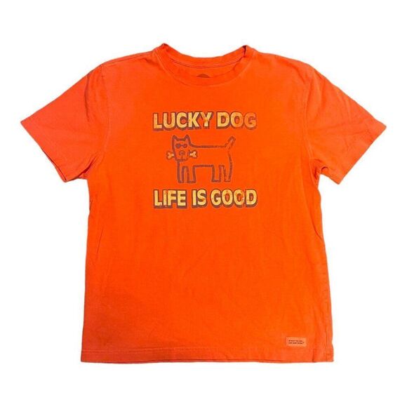 Life Is Good Lucky Dog With Bone Graphic T-Shirt Orange Cotton Tee Men's M - Picture 2 of 7